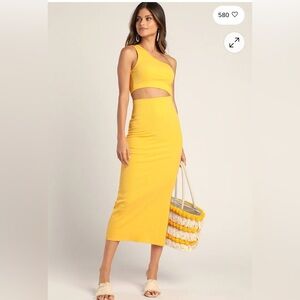 Lulus NWT Spice Things Up Yellow Ribbed One-Shoulder Cutout Midi Dress